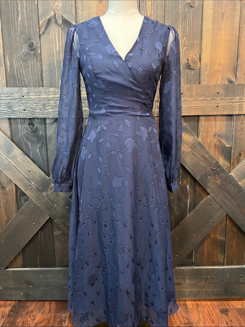 Lulus Blue Wrap Midi Dress XS Evening of Elegance Navy‎ Floral Jacquard Cottage